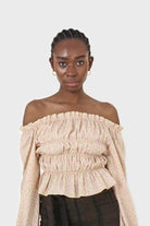 Yellow floral smocked crop blouse_4