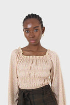 Yellow floral smocked crop blouse_6