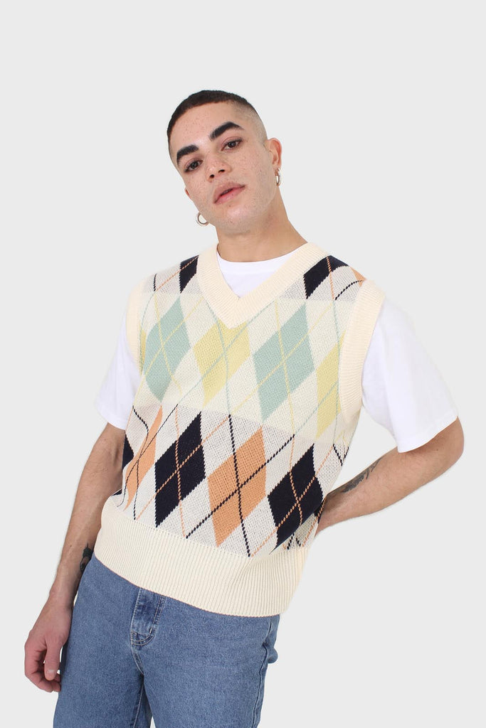 Ivory and pastel multicoloured argyle sweater vest_6