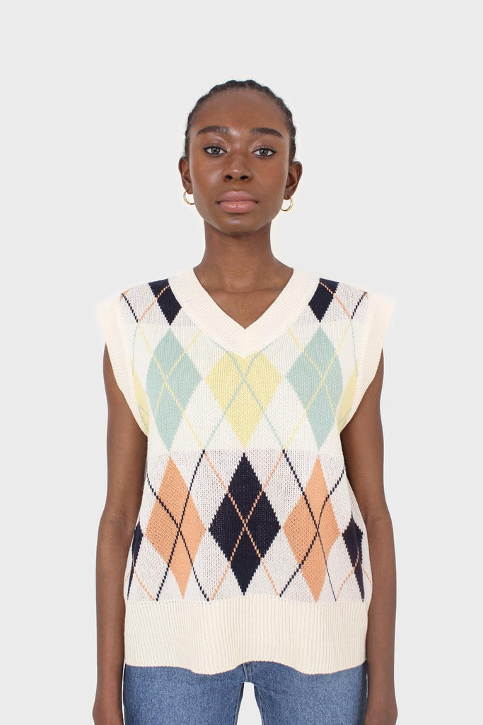 Ivory and pastel multicoloured argyle sweater vest_12