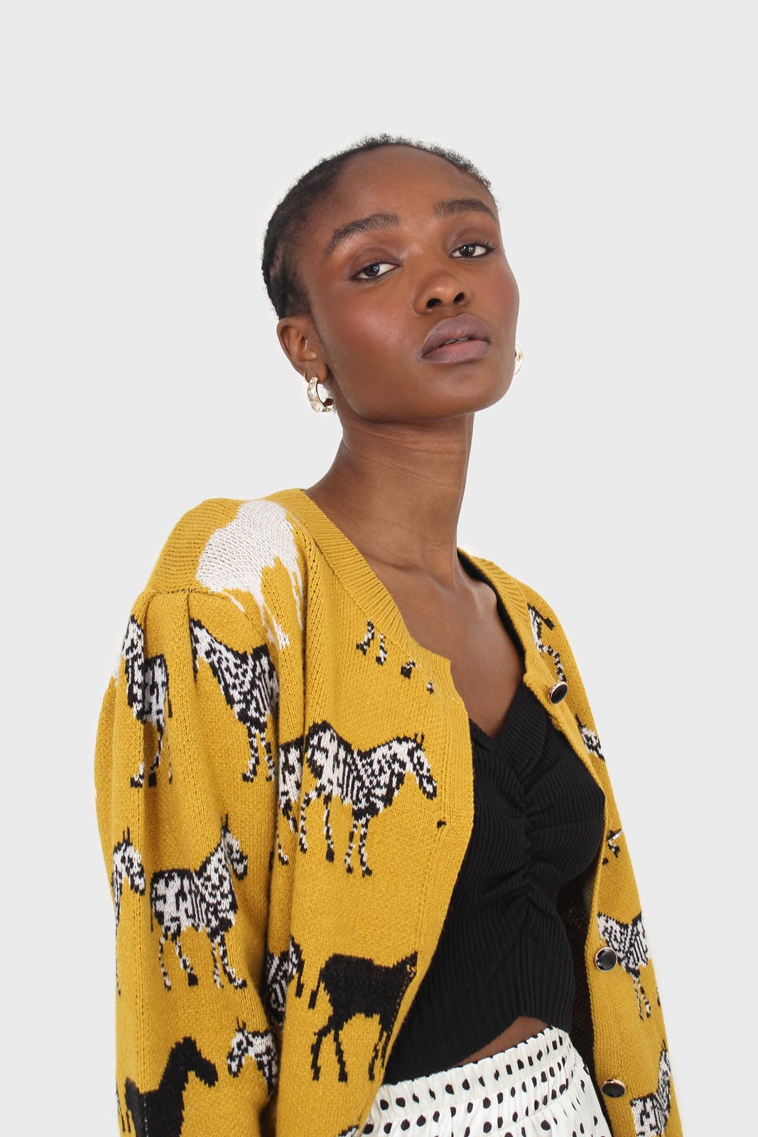 Mustard zebra metal button puff sleeved cardigan_12