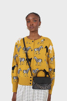 Mustard zebra metal button puff sleeved cardigan_13