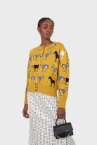 Mustard zebra metal button puff sleeved cardigan_1