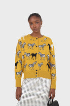 Mustard zebra metal button puff sleeved cardigan_7