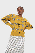 Mustard zebra metal button puff sleeved cardigan_8