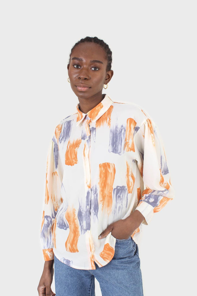 Ivory and orange water color print shirt blouse_10