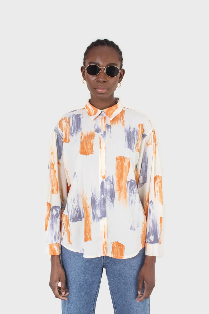 Ivory and orange water color print shirt blouse_1