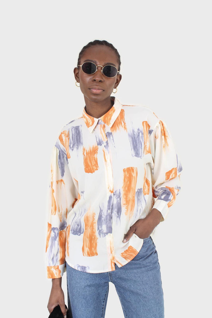 Ivory and orange water color print shirt blouse_6