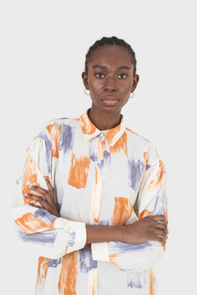 Ivory and orange water color print shirt blouse_7