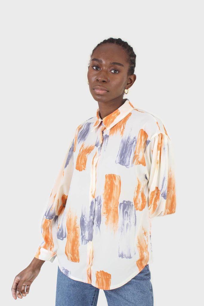 Ivory and orange water color print shirt blouse_8