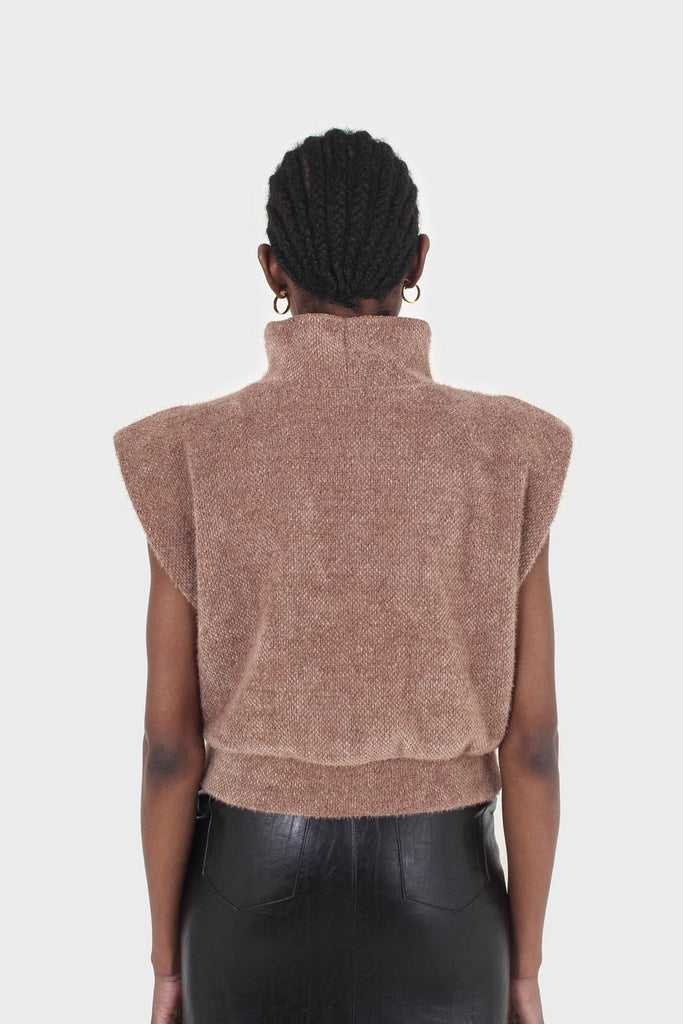 Brown fuzzy structured shoulder pad vest top_6