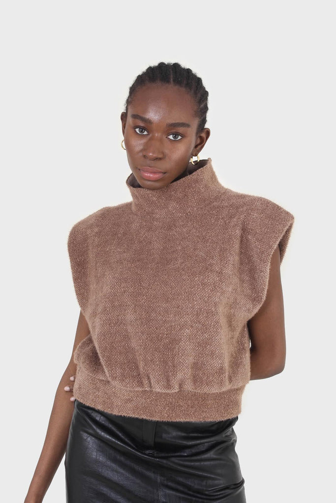 Brown fuzzy structured shoulder pad vest top_9
