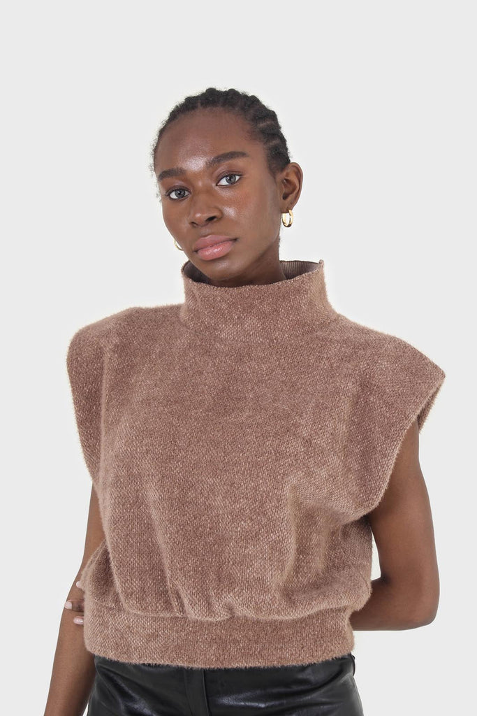 Brown fuzzy structured shoulder pad vest top_1