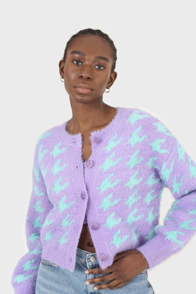 Violet and mint houndstooth fuzzy cardigan_11