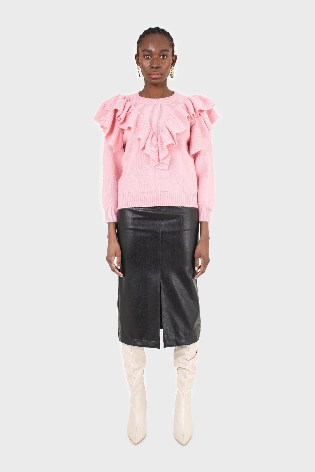 Pink deep V ruffle trim jumper_2