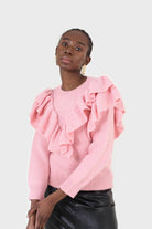 Pink deep V ruffle trim jumper_5