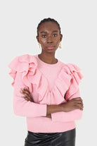 Pink deep V ruffle trim jumper_1