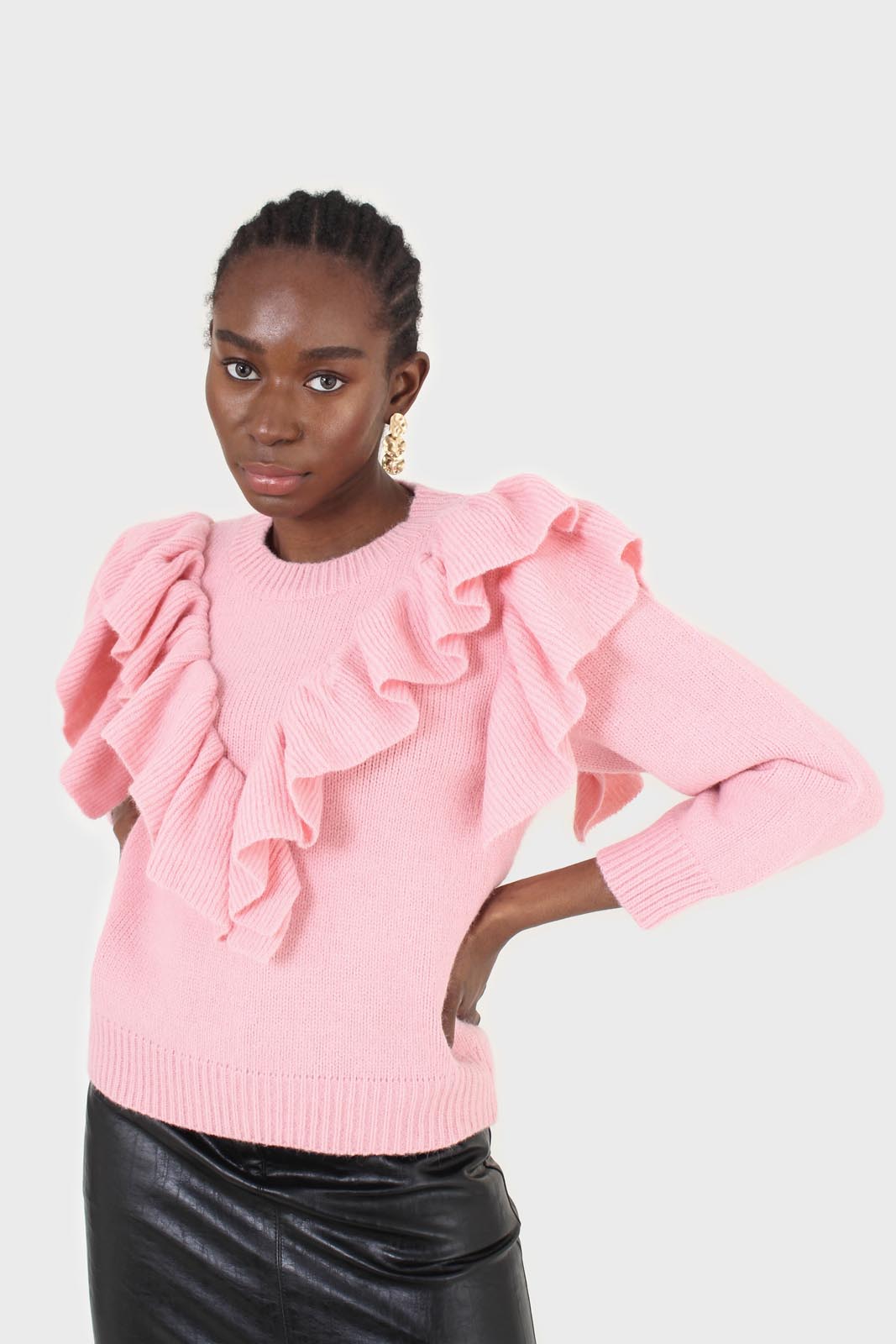 Pink deep V ruffle trim jumper_7