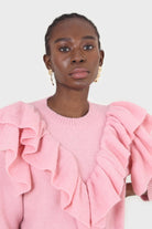 Pink deep V ruffle trim jumper_8