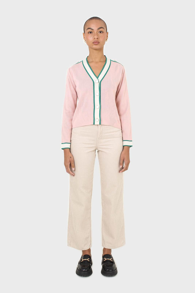 Pink and white contrast trim button shoulder cardigan_2