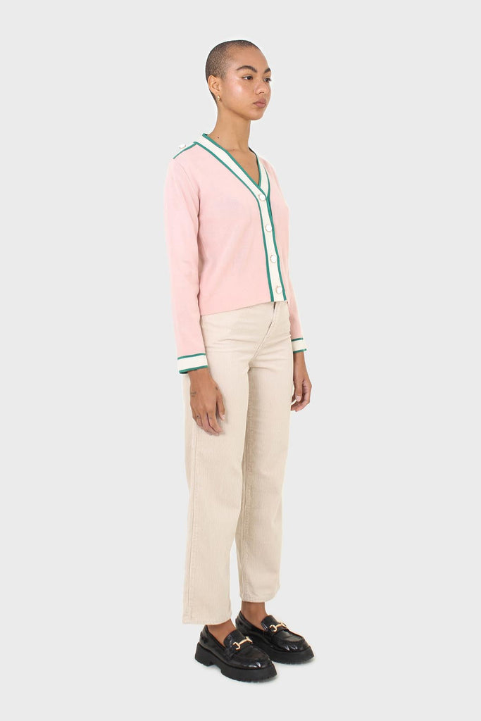 Pink and white contrast trim button shoulder cardigan_3