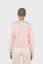 Pink and white contrast trim button shoulder cardigan_6
