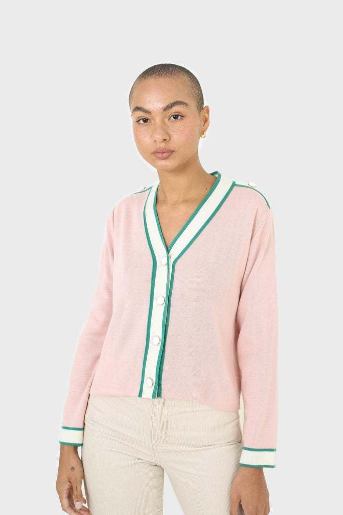 Pink and white contrast trim button shoulder cardigan_5