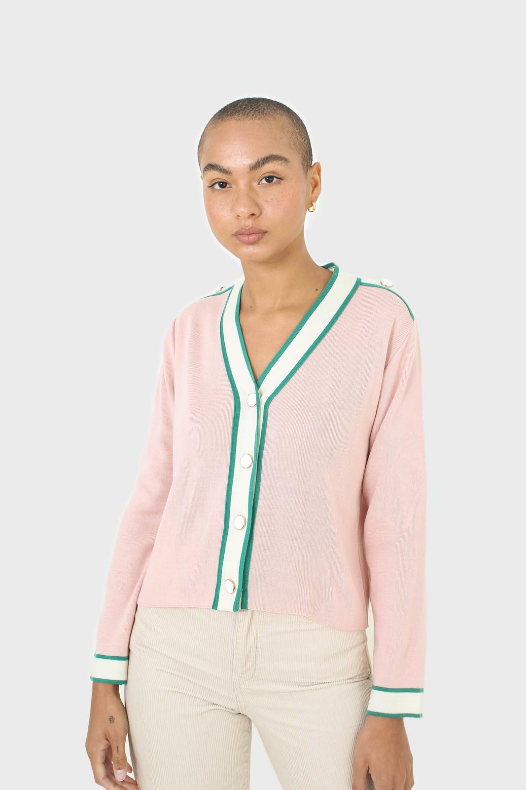 Pink and white contrast trim button shoulder cardigan_5