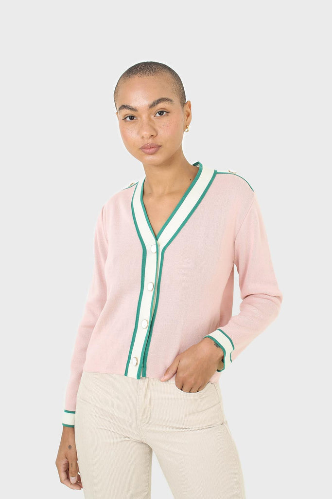 Pink and white contrast trim button shoulder cardigan_1