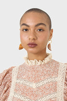 Orange and white floral print lace trim top_5