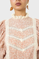 Orange and white floral print lace trim top_6