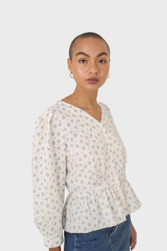 Ivory and blue floral print cotton blouse_1
