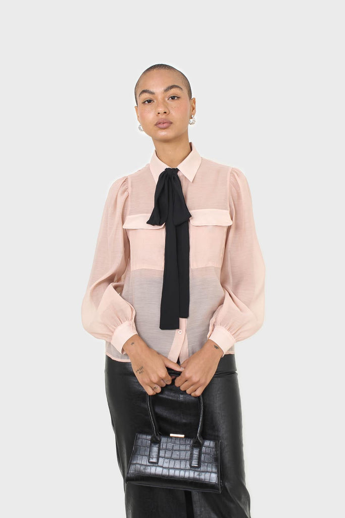 Pink and black pussy bow semi sheer blouse_8
