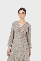 Ditsy floral print pleated ruffle V neck dress_1