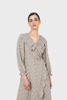 Ditsy floral print pleated ruffle V neck dress_5