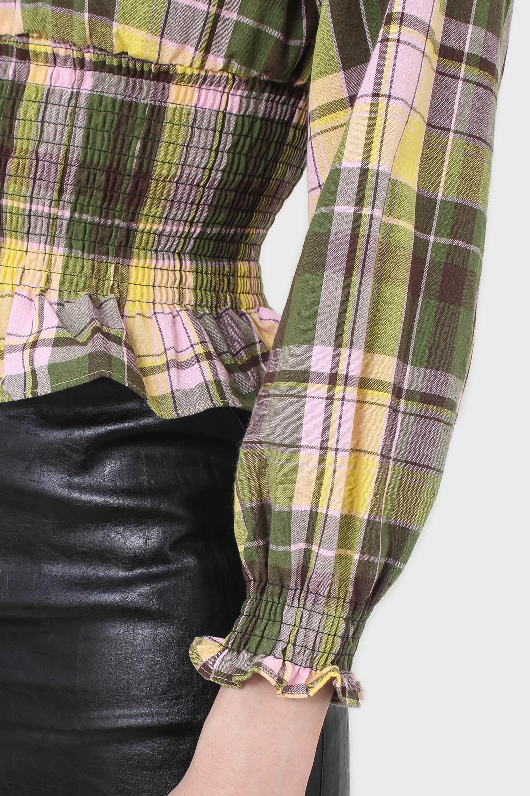 Lilac and green checked large collar blouse_5