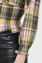 Lilac and green checked large collar blouse_5