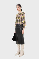 Lilac and green checked large collar blouse_7