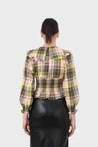 Lilac and green checked large collar blouse_9