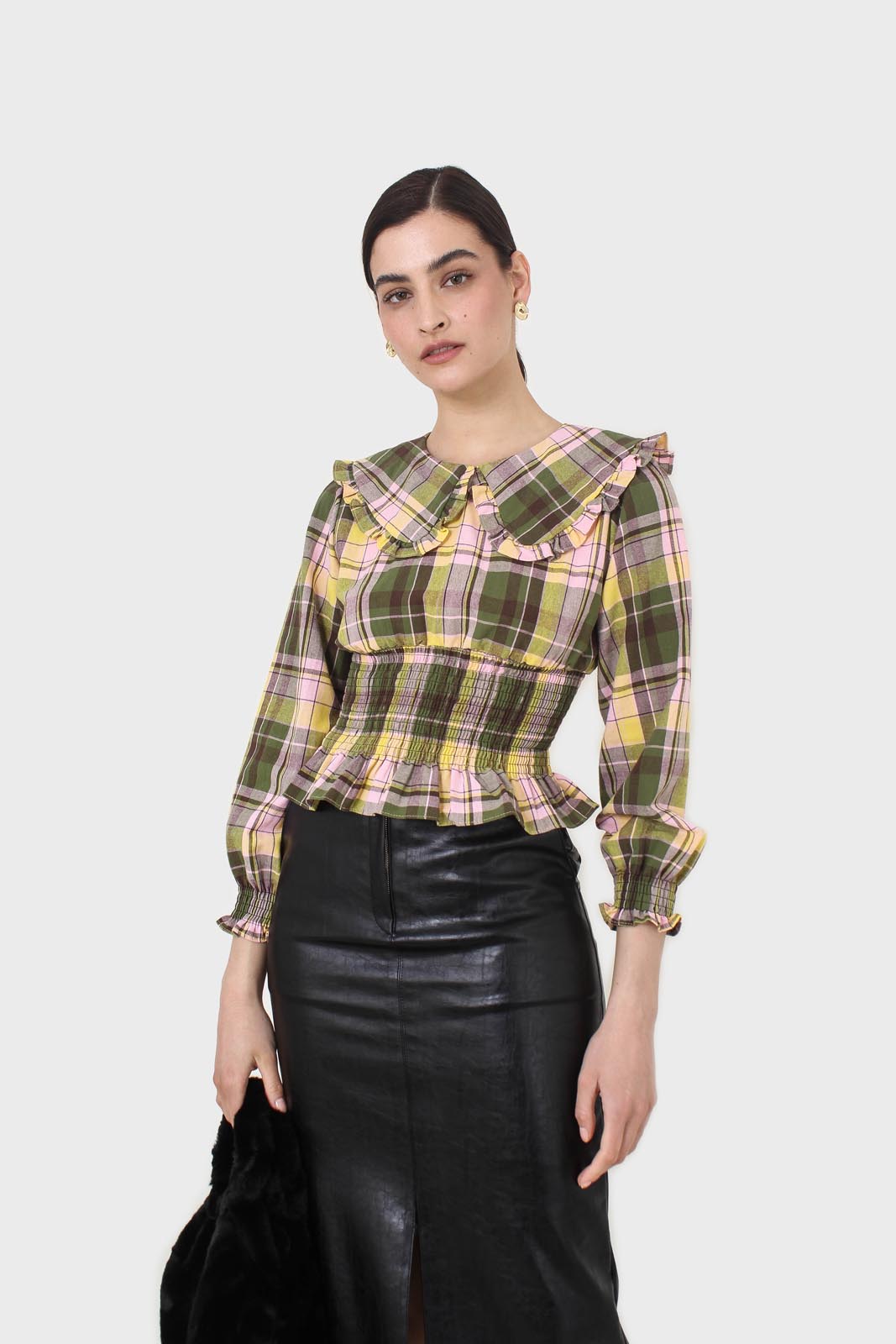 Lilac and green checked large collar blouse_6