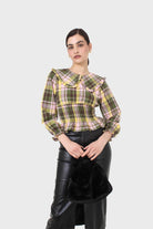 Lilac and green checked large collar blouse_10