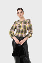 Lilac and green checked large collar blouse_11