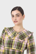 Lilac and green checked large collar blouse_2