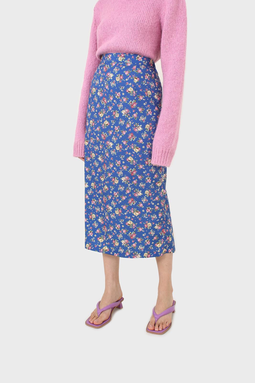 Blue and pink floral print skirt_1