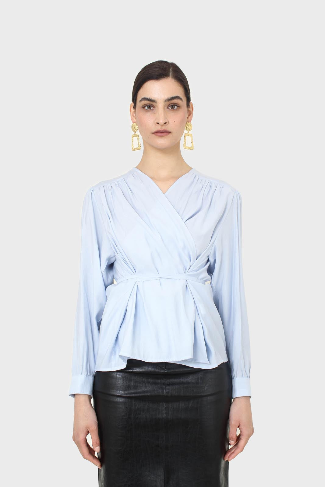 Blue open tie waist blouse_1