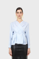 Blue open tie waist blouse_1
