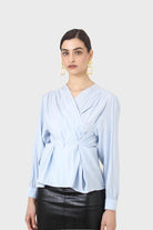 Blue open tie waist blouse_3