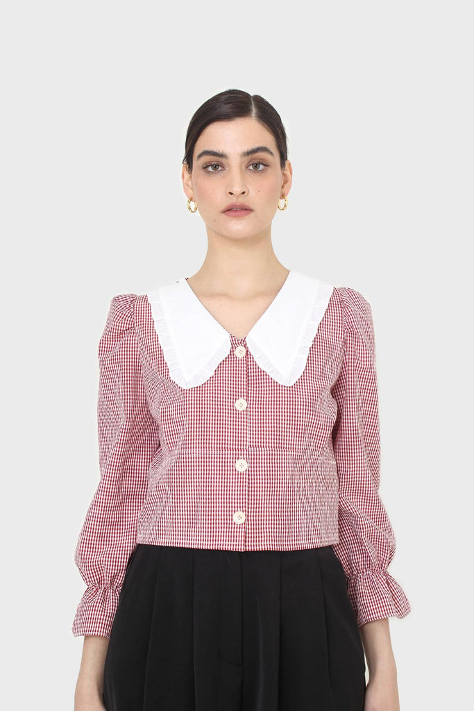 Red and ivory gingham large collar blouse_3