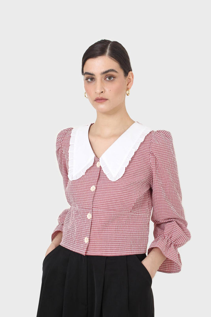 Red and ivory gingham large collar blouse_5