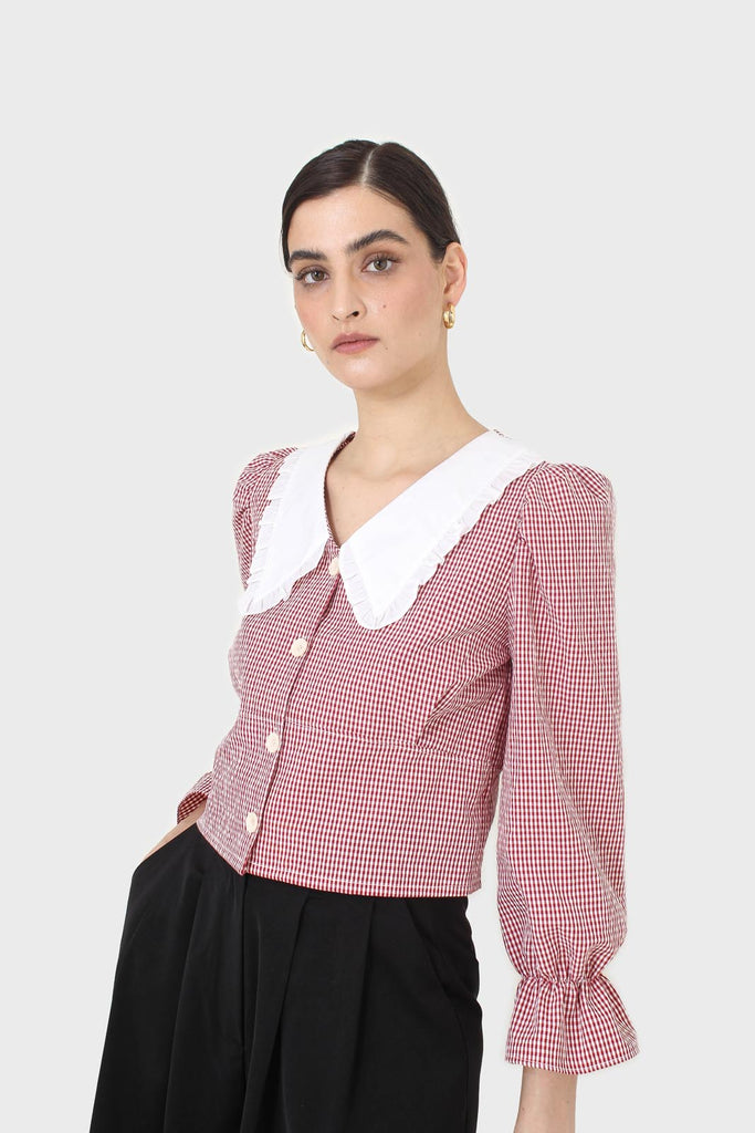 Red and ivory gingham large collar blouse_1